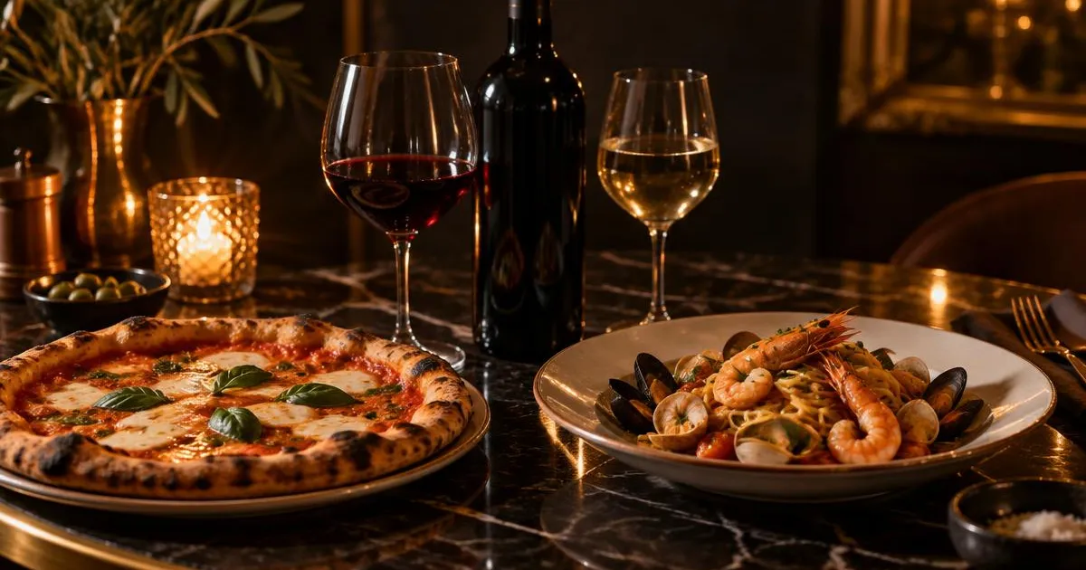 Abbinamento vino pizza e pasta: calice di rosso, calice di bianco, pizza margherita e linguine ai frutti di mare