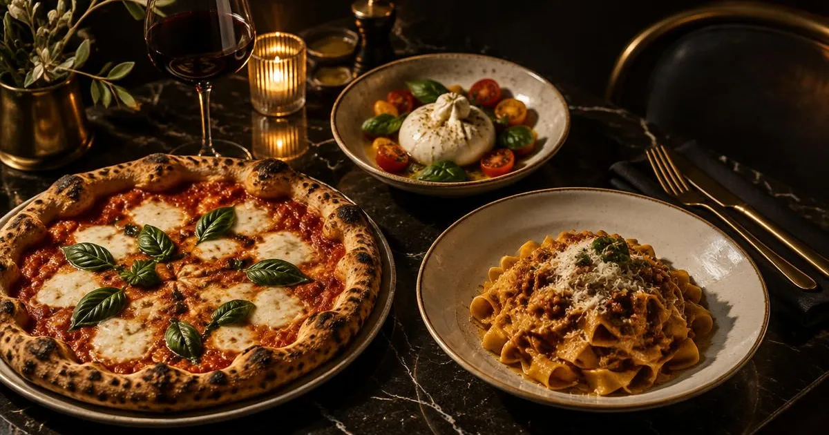 Pizza margherita, pappardelle e burrata su un tavolo di marmo in un ristorante italiano a Charleroi