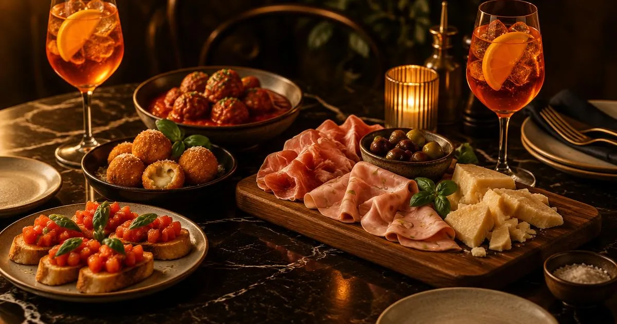 Tapas italiane da condividere a Charleroi: bruschette, mozzarelline fritte, polpette e tagliere di salumi con due spritz
